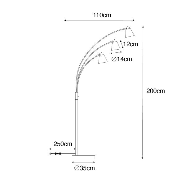 Technische Zeichnung einer Stehlampe mit Maßen
