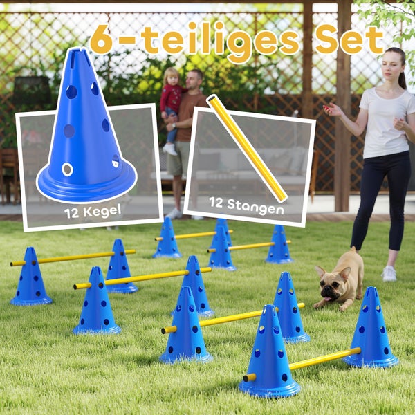 Sechsteiliges Agility-Set für Hunde mit 12 blauen Kegeln und 12 gelben Stangen, aufgebaut als Hürdenparcours auf einer Wiese mit einem Hund.