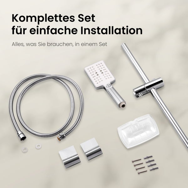 EMKE Brausegarnitur–Duschset mit Handbrause, Seifenhalter, 3 Strahlarten, 72 cm Stange, 150 cm Schlauch, Chrom