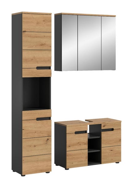 Dreiteiliges Badmöbel-Set in Eichenoptik und Anthrazit bestehend aus Hochschrank, Spiegelschrank und Waschbeckenunterschrank.