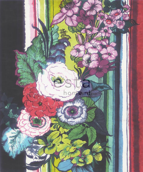 ESTAhome Fototapete Blumen Schwarz, Rot, Blau, Weiß und Grün - 232,5 cm x 2,79 m - 158115