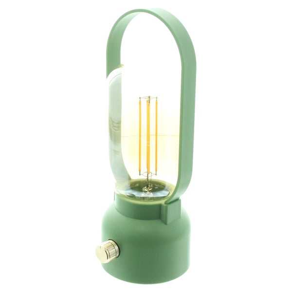 Tragbare LED-Laterne in Grün mit Filament-Leuchtmittel, Tragebügel und Drehknopf zum Dimmen am Sockel.