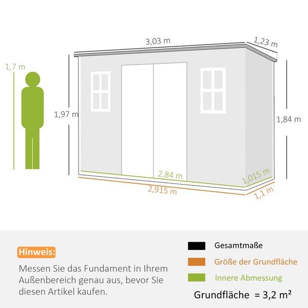 Technische Zeichnung eines Gartenhauses mit Maßen: Breite 3,03 Meter, Tiefe 1,23 Meter, Höhe 1,97 Meter, Grundfläche 3,2 Quadratmeter.