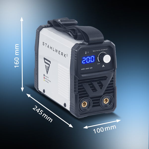 Stahlwerk Inverter Schweißgerät ARC 200 MD mit den Maßen 160 Millimeter Höhe, 245 Millimeter Länge und 100 Millimeter Breite.