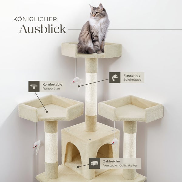 Beiger Katzenkratzbaum mit Liegeflächen, Spielmäusen und Versteckmöglichkeiten