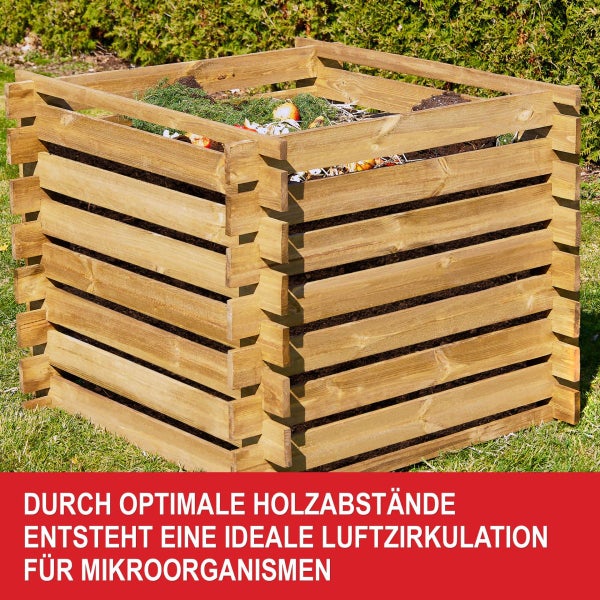 Holzkomposter aus robustem Holz mit Stecksystem im Garten, hergestellt in Europa.