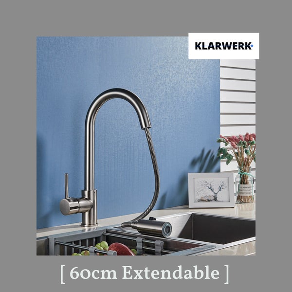 Paul | Premium Silber gebürstet ausziehbare Niederdruck Armatur |Edelstahl Wasserhahn Küche | Mischbatterie - 360 Grad drehbar | Boiler 3 Anschlüsse
