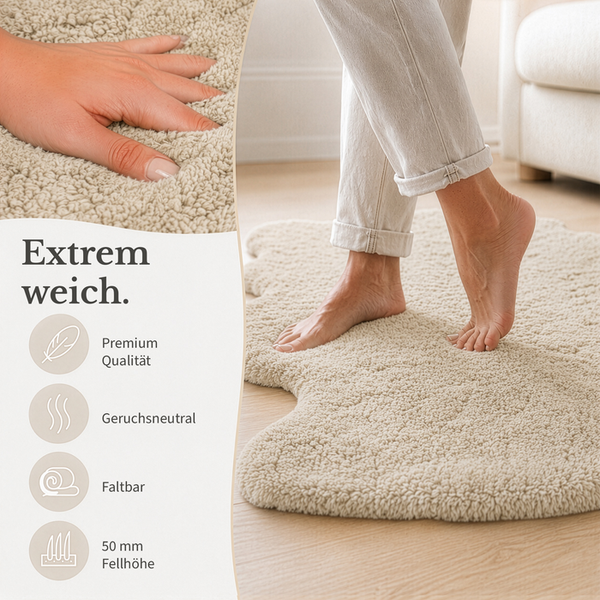 Weicher Webpelz-Teppich mit 50 Millimeter Florhöhe, Hand und Füße auf flauschiger Textur, premium Qualität, geruchsneutral, faltbar.