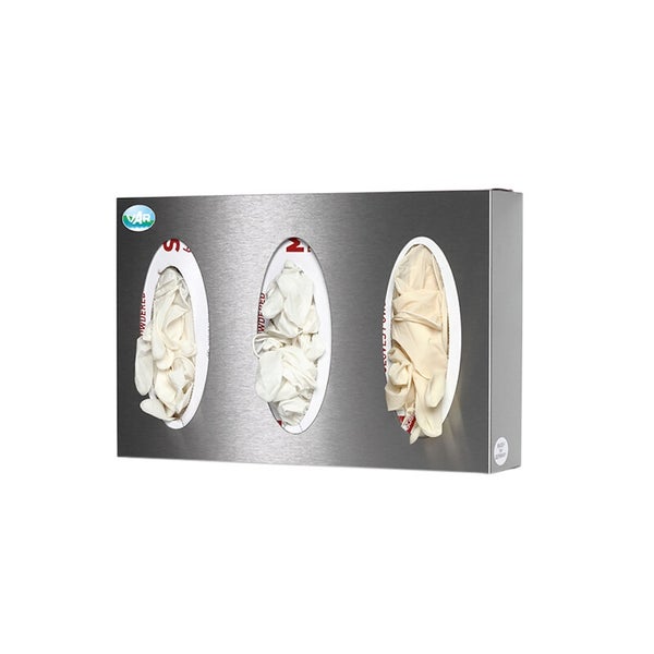 VAR Logo. Handschuhspender aus Edelstahl für drei Boxen mit drei ovalen Öffnungen.