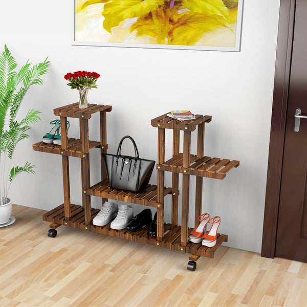 Yaheetech Pflanzentreppe mit Rollen Blumenständer , Braun