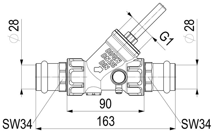 Technische Zeichnung eines KFR-Ventils mit Pressanschluss 28 Millimeter, Nenndurchmesser DN 25 und einer Gesamtlänge von 163 Millimeter.
