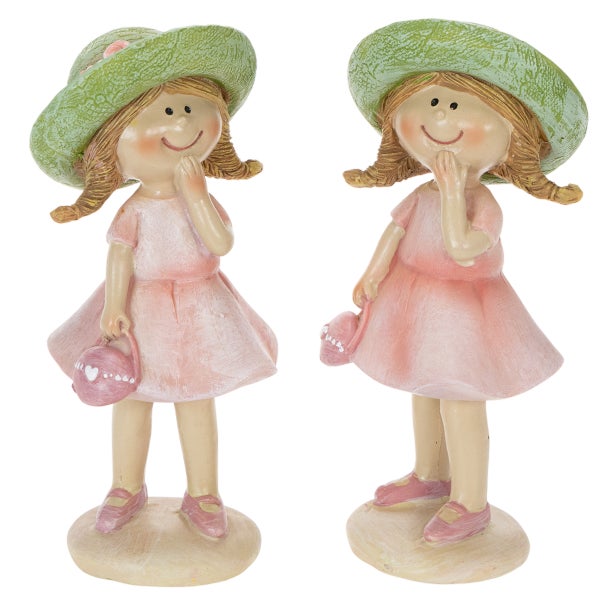 Dekofigur Mädchen mit grünem Hut und rosa Kleid im Zweierset