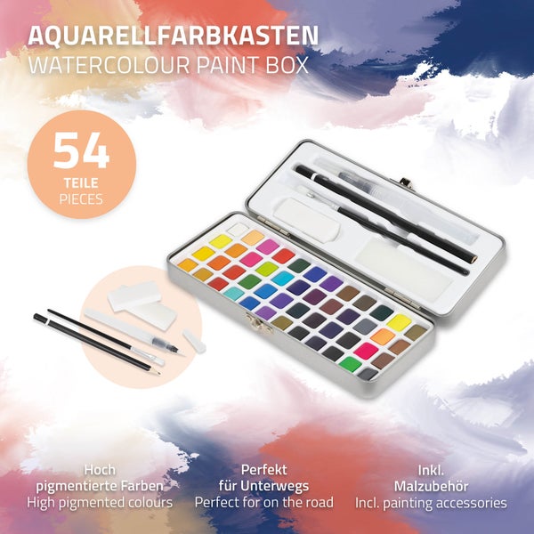 ECD Germany Aquarellfarben Set 48 Farben in tragbarer Box, inkl. Pinsel, Bleistift 2B, Aquarellstift, Radiergummi, Schwamm, Vollaquarell-Palette, Malkasten, Wasserfarben Set für Anfänger und Profis
