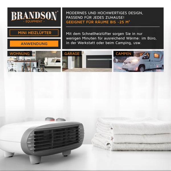 Brandson Heizlüfter 2000W, einstellbares Thermostat, Überhitzungsschutz, Automatische Abschaltung, 3 Leistungsstufen, Weiß/Silber