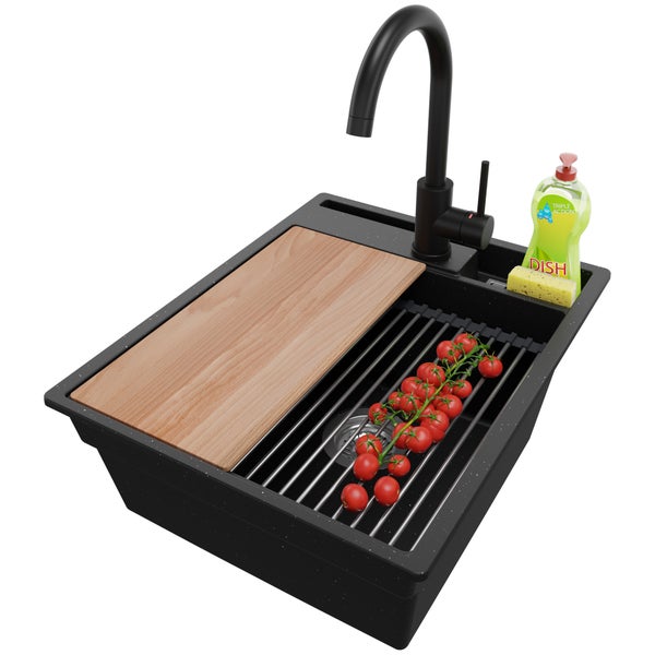 PRIMAGRAN Granitspüle Schwarz Metallic 43x53cm, Spülbecken 1 Becken + Küchenarmatur 32x20cm + Ablauf-Set + Küchenzubehörset, Küchenspüle ab 45er Unterschrank - Oslo Pocket