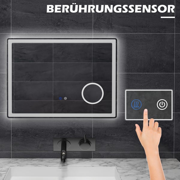 kleankin LED Badezimmerspiegel, Badspiegel mit 3x Vergrößerung, 80 x 60 cm Wandspiegel mit Touch-Funktion, Memory-Funktion, beschlagfreier Lichtspiegel mit 3 Lichtfarben