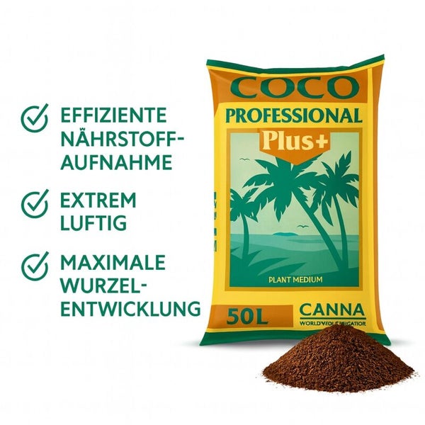 CANNA Coco Professional Plus Pflanzmedium 50 Liter Beutel mit Kokos-Substrat für effiziente Nährstoffaufnahme und maximale Wurzelentwicklung.