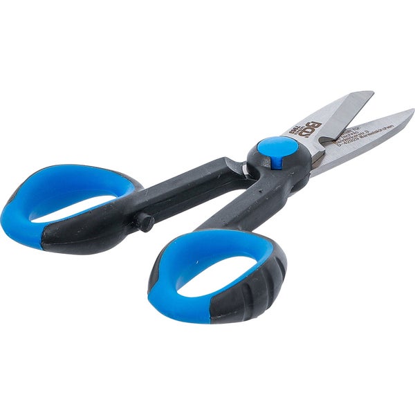 Universalschere mit Edelstahlklingen, ergonomischen Kunststoffgriffen und Kerbe zum Drahtschneiden.