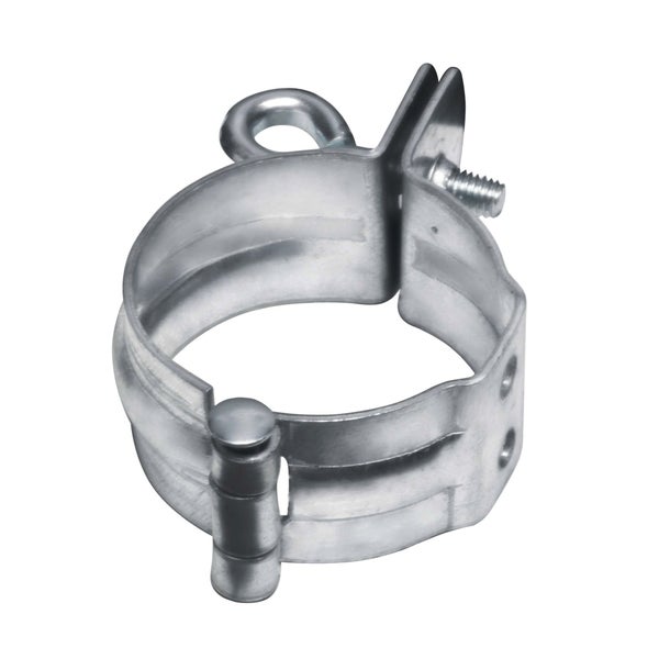 Rohrschelle aus verzinktem Stahl mit Schraube und Öse.