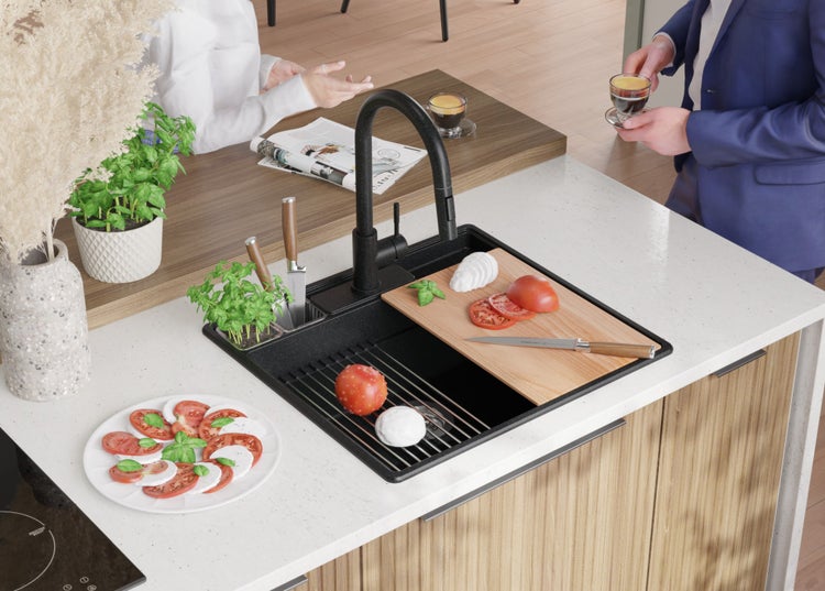PRIMAGRAN Spülbecken Anthrazit 58x53cm, Granitspüle 1 Becken + Ablauf-Set + Küchenzubehörset, Küchenspüle ab 60er Unterschrank - New York