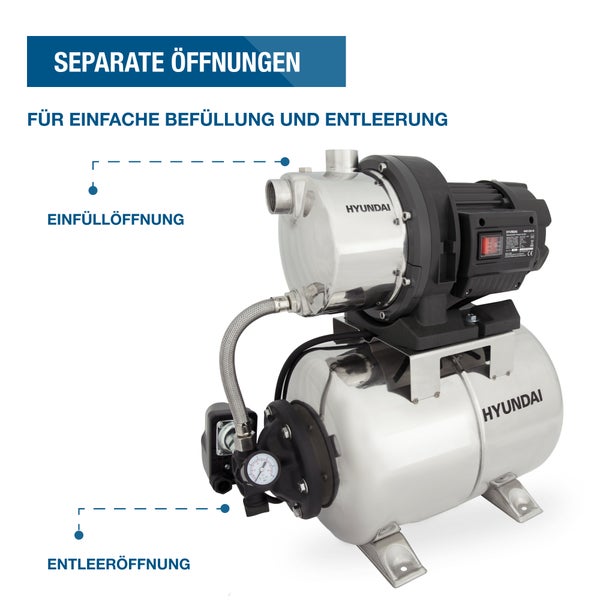 HYUNDAI Hauswasserwerk HWW12050-IN (1200W, INOX-Kessel, 5.000 l/h, Förderhöhe max. 50m, Ansaughöhe max. 8m)
