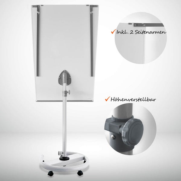 Mobiles Flipchart mit Rollen, höhenverstellbar und inklusive zwei Seitenarmen.