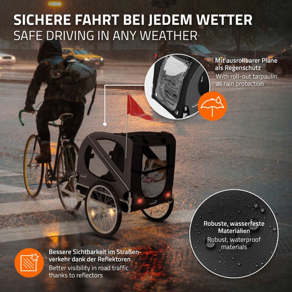 Hauki Fahrradanhänger & Hundebuggy 2in1 klappbar, Schwarz-Grau, 130x72x90 cm, Hundeanhänger für Hunde bis 40kg, Anhänger mit Reflektoren/Leine/Flagge, Hundefahrradanhänger Hundewagen Hundetransporter