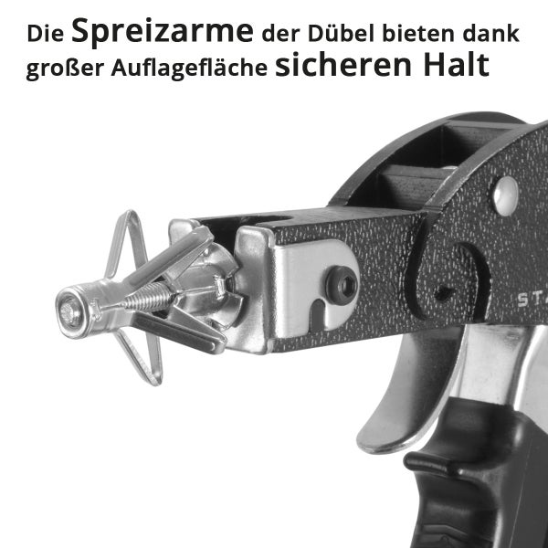 Hohlraumdübelzange mit aufgespreiztem Metallhohlraumdübel zur Demonstration des sicheren Halts durch große Auflagefläche der Spreizarme.