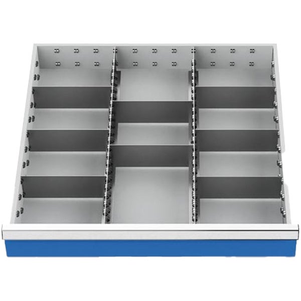 Schubladeneinteiler aus Metall mit verstellbaren Trennwänden für Werkzeugschränke.