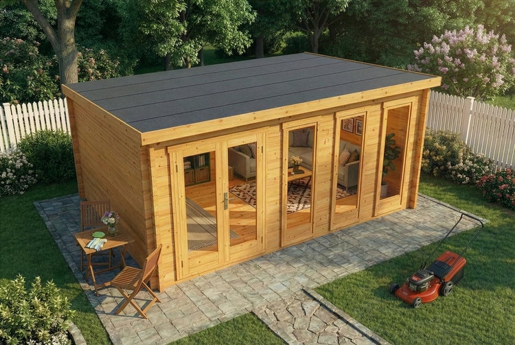 Modernes Gartenhaus aus Holz mit Flachdach, Doppeltür und großen Fenstern in einer hellen Gartenlandschaft.