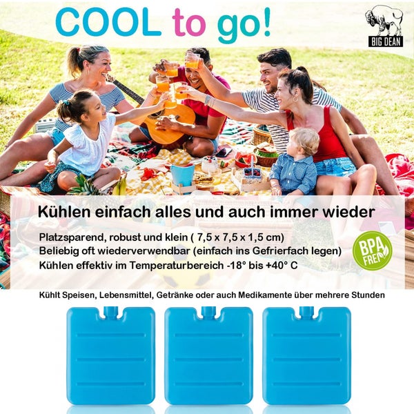 Drei blaue wiederverwendbare Kühlakkus bei einem Picknick. Big Dean Logo. Bisphenol A frei. Kühlung von minus 18 bis plus 40 Grad.