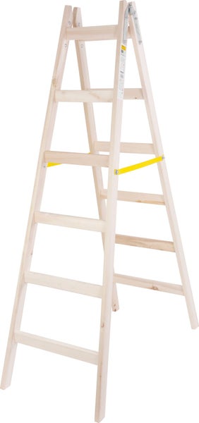 Holz-Stehleiter, beidseitig begehbar, mit 6 Stufen pro Seite, Metallbeschlag und gelben Gurtbändern.