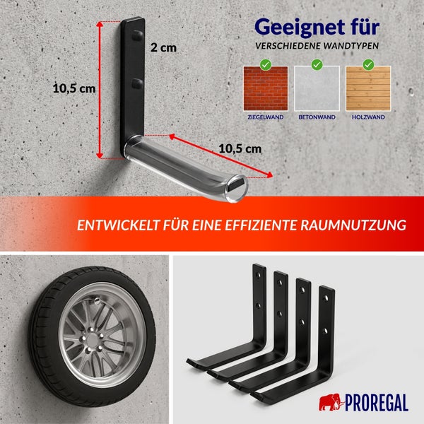 Proregal Reifenhalter Wandhalterung Set mit Bemaßung und Anwendungsbeispielen für Ziegel Beton und Holz Wände