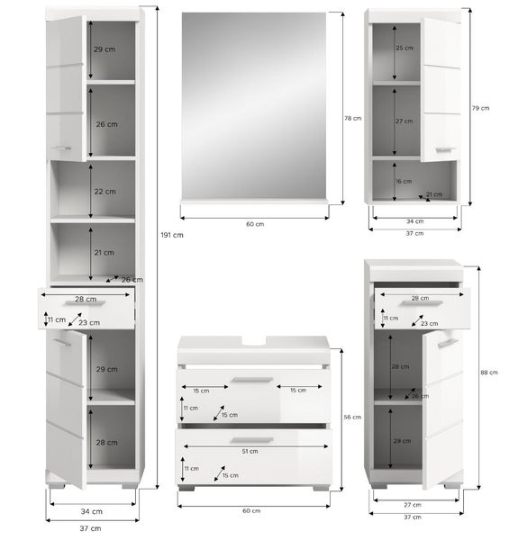 Badezimmermöbel-Set in Weiß mit Maßangaben in Zentimetern für Hochschrank, Wandschrank, Spiegel, Waschbeckenunterschrank und Seitenschrank.