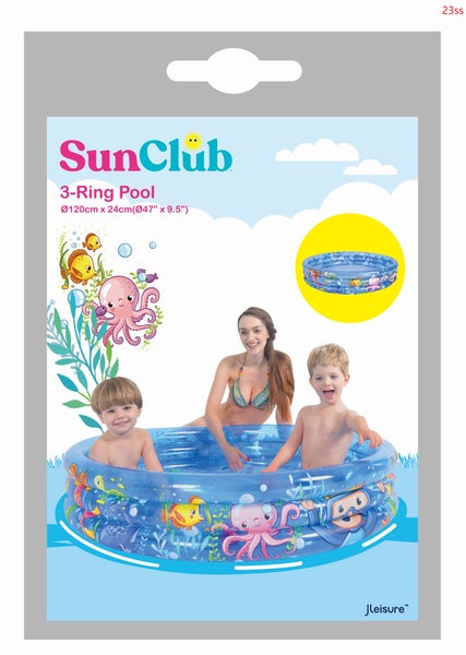 SunClub aufblasbarer 3-Ring-Pool mit Unterwassermotiven, Durchmesser 120 Zentimeter und Höhe 24 Zentimeter für Kinder.