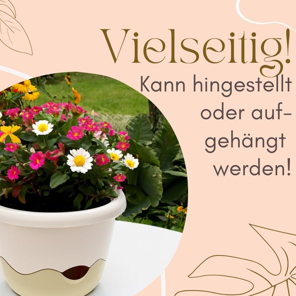 Blumen in einem Topf, der aufgestellt oder aufgehängt werden kann.