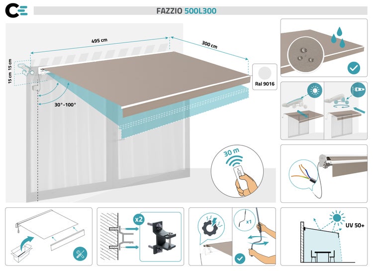 Illustration einer Fazzio 500L300 Markise mit Maßen, Montagehinweisen und Produkteigenschaften