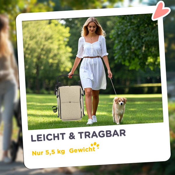 PawHut Hundewagen leicht Hundebuggy aus Aluminium klappbar für Hunde & Katzen Katzenbuggy mit Kissen Netzfenstern Türen Aufbewahrungskorb Katzenwagen Buggy Khaki
