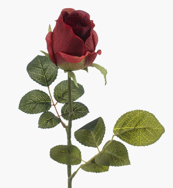 Künstliche rote Rose mit grünem Stiel und naturgetreuen Blättern aus Textilmaterial.
