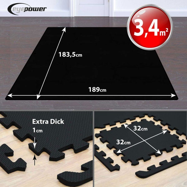 Schwarze, extrastarke Eyepower Bodenschutzmatte aus Schaumstoff mit den Maßen 189 x 183,5 Zentimeter, 3,4 Quadratmeter und 1 Zentimeter Dicke.