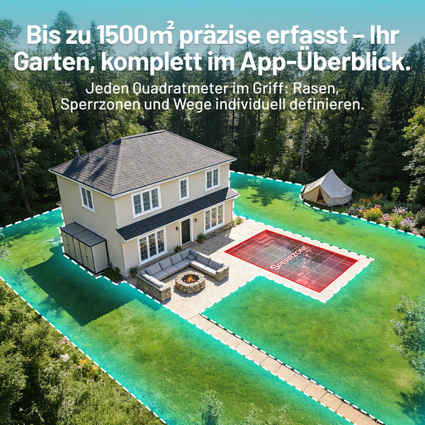 Vogelperspektive eines Gartens mit digitaler Planung von Maehflaechen und einer Sperrzone bis zu 1500 Quadratmeter fuer Maehroboter.