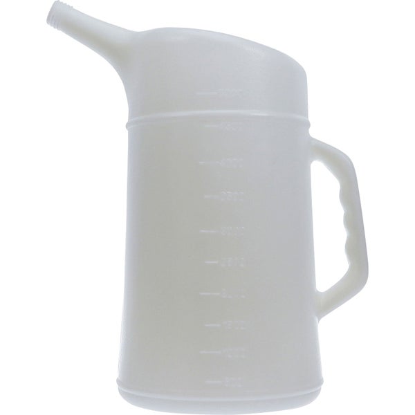 Ölmesskanne aus Kunststoff mit Ausgießer und Messskala.