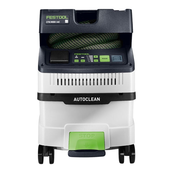 Festool Absaugmobil CTH MIDI I AC mit Autoclean-Funktion, Saugschlauch-Depot und Bedienfeld.