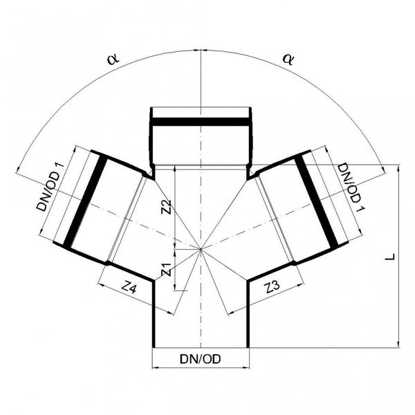 Technische Zeichnung eines Doppelabzweigs mit Maßangaben für Durchmesser, Winkel und Länge.