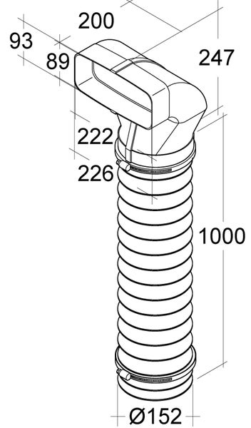 Technische Zeichnung eines flexiblen Abluftrohrs mit Flachkanalanschluss und Maßangaben in Millimetern.