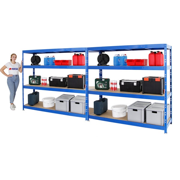 PROREGAL Mega Deal 2x Profi Schwerlastregal Rhino HxBxT 180 x 200 x 60 cm 4 Spanplatten-Ebenen 8mm Fachlast 500 kg Blau