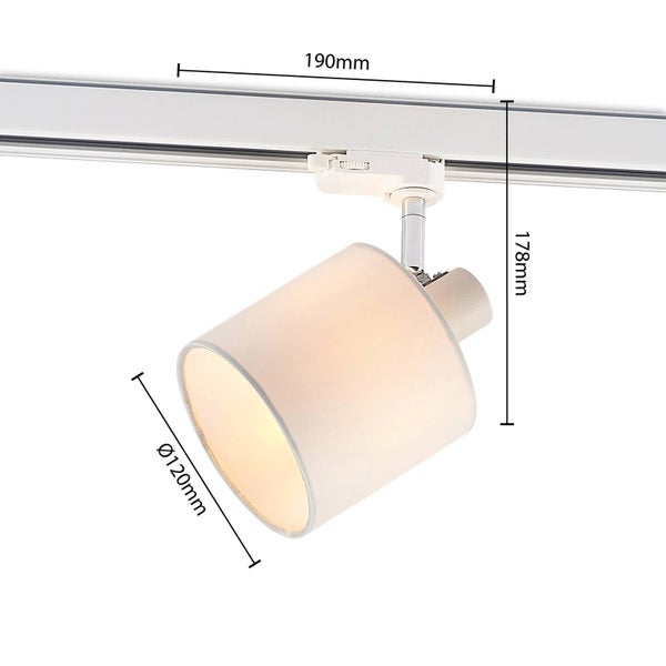 Weißer Schienensystem-Strahler mit zylindrischem Schirm: Breite 190 Millimeter, Höhe 178 Millimeter und Durchmesser 120 Millimeter.
