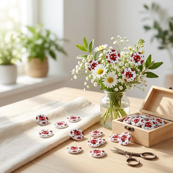 Set aus runden Holzknöpfen mit Marienkäfer Motiv auf einem Holztisch neben einer Blumenvase und einer Holzschatulle für Handarbeit.