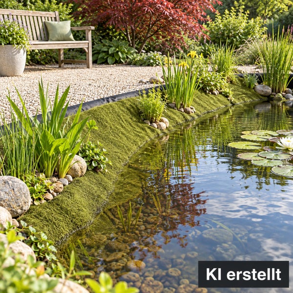 Gartenteich mit Ufermatte, bepflanzt mit Gräsern und Seerosen, angrenzend an einen Kiesweg mit Holzbank.