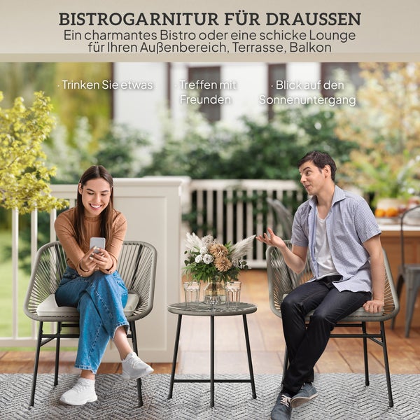 Outsunny Polyrattan Gartenmöbel Set, Outdoor Lounge Balkonmöbel für 2 Personen, 3-teilig Bistroset Sitzgruppe mit 2 Stühle, Beistelltisch, Kissen, wetterfest Gartenlounge für Garten Balkon Dunkelgrau